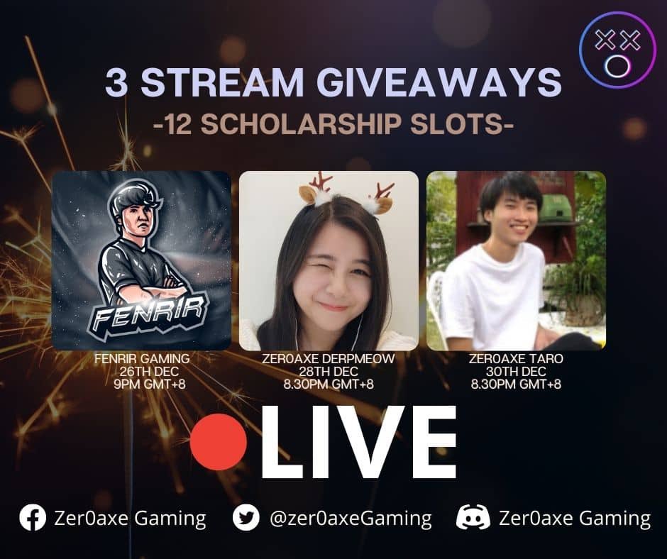 I will be giving away x4 scholarships away to viewers!

Make sure to follow my streaming page
Facebook.com/Fenrirgamingml 

Thanks to @zer0axeGaming for sponsoring the giveaways!