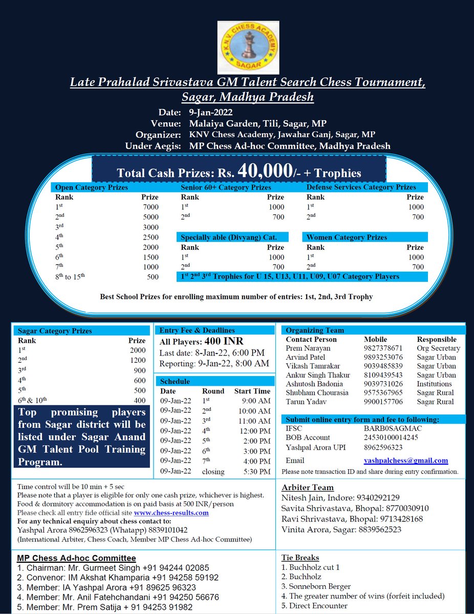 JSSSagarChess's tweet photo. Sports club in Sagar is all set to organize a 1-day Rapid #Chess Tournament in #SmartcitySagar on 9-Jan-2022. Players from all over State and nearby cities are invited to participate and help us identify promising talent to find 1st Chess Grand Master in central India. https://t.co/mCnj8F6hhH