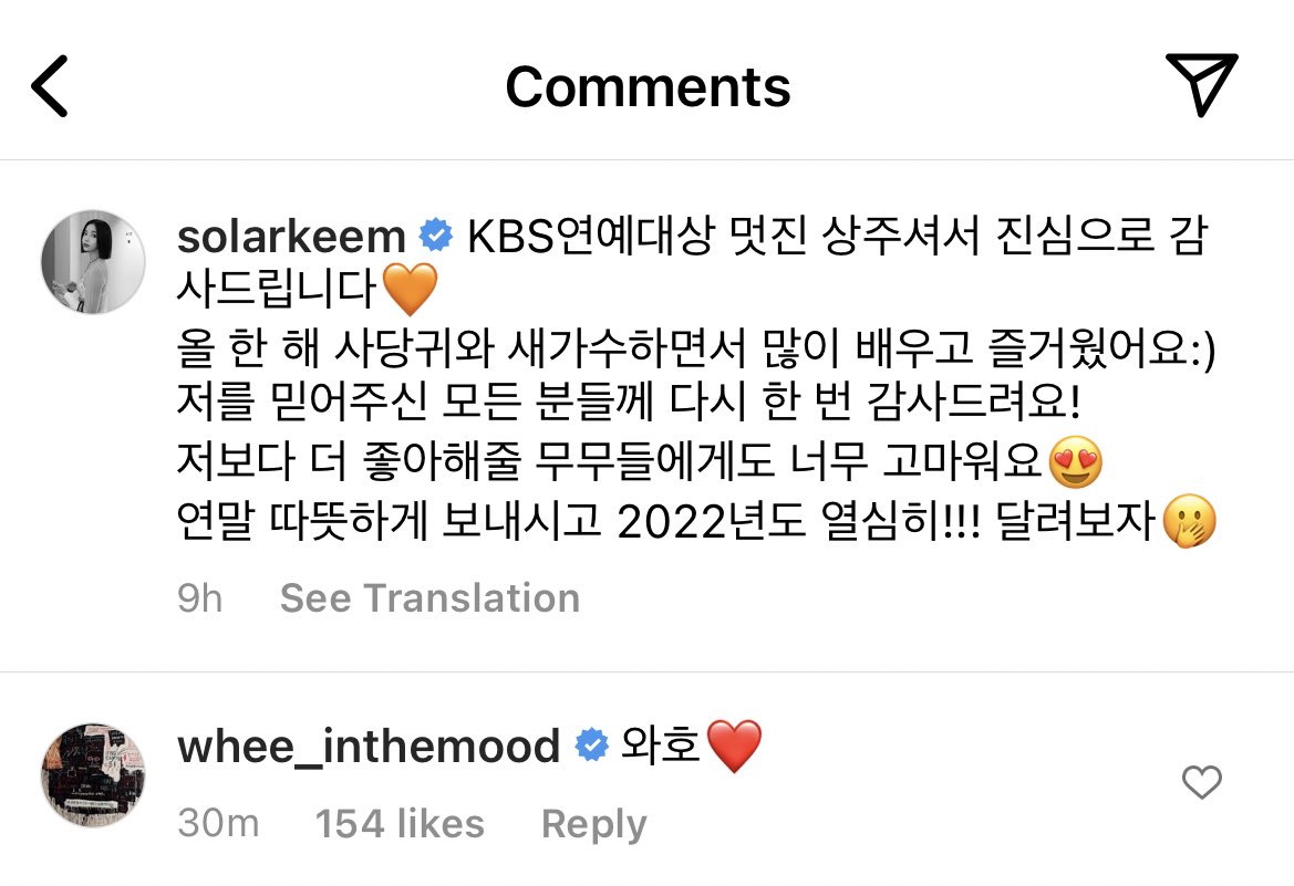 MAMAMOOTH_'s tweet photo. [IG COMMENT] 211226

#ฮวีอิน ได้ไลค์และคอมเมนต์โพสต์ของ #โซลาร์ ค่ะ

🐶: ว้าว❤️

#SOLAR #WHEEIN #MAMAMOO https://t.co/tvl3Hg7mxR