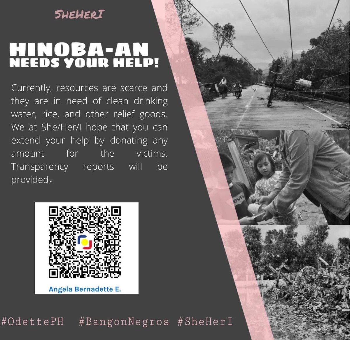 SheHerIProject's tweet photo. Knocking on your kind hearts ✊ Proceeds will be used to buy food, water, and other essential needs for the victims in Hinobaan. 

GCash: Angela Bernadette Escamilla 0919 095 2150
BDO: 0030 3017 8336

#OdettePH #BangonNegros #SheHerI https://t.co/YCQZj4mslo