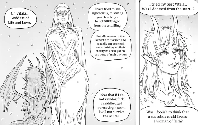 Patreon request: "The impoverished succubus, happy".
Previous comic:
https://t.co/aZ1WzoIHhh

A very special holiday episode, to be read with the entire family. 