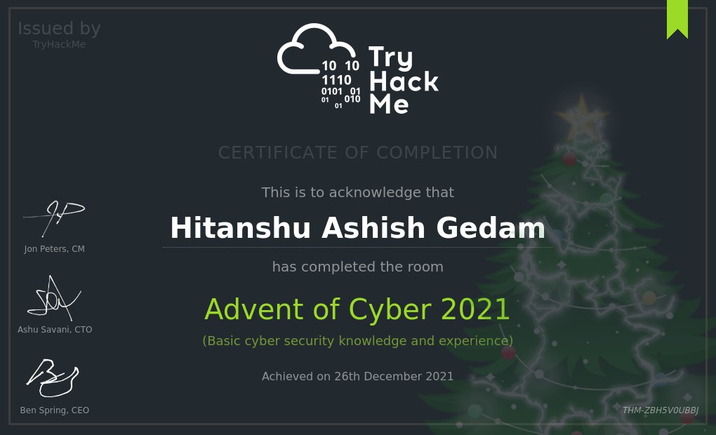HitanshuGedam's tweet image. Merry Christmas! Completed 25 days of learning on @RealTryHackMe Advent of Cyber 2021. So much to learn!
#tryhackme #AdventofCyber3 #cybersecurity #cyberawareness #CyberSec