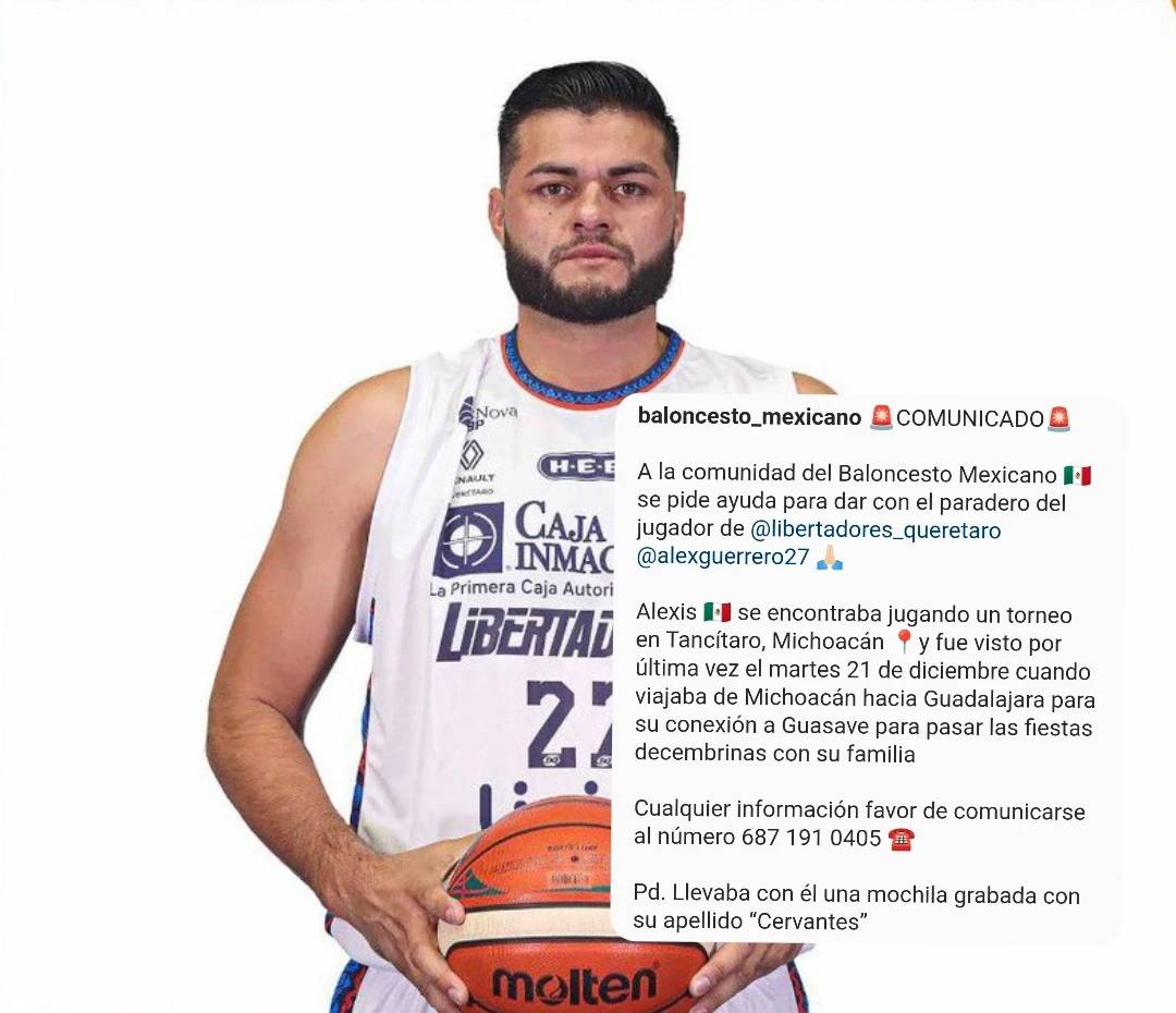 TVCDeportes's tweet photo. 🚨 DESAPARECIDO 🚨

Alexis Cervantes, jugador de @LibertadoresOfi se encuentra desaparecido, así se informó en las redes del club de la @LNBPoficial 

Se le vio por última vez el martes 21 de diciembre. https://t.co/vHNFhw4qag