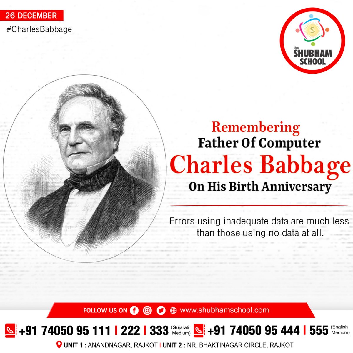 RajkotShree's tweet image. Remembering Father Of Computer Charles Babbage On His Birth Anniversary 

Errors using inadequate data are much less than those using no data at all.

#FatherOfComputer #CharlesBabbage #computer #technology #computerscience #programming #software #windows #computers