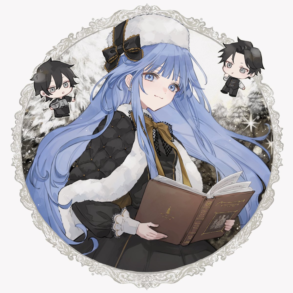 1girl book blue hair blue eyes long hair holding book hat  illustration images