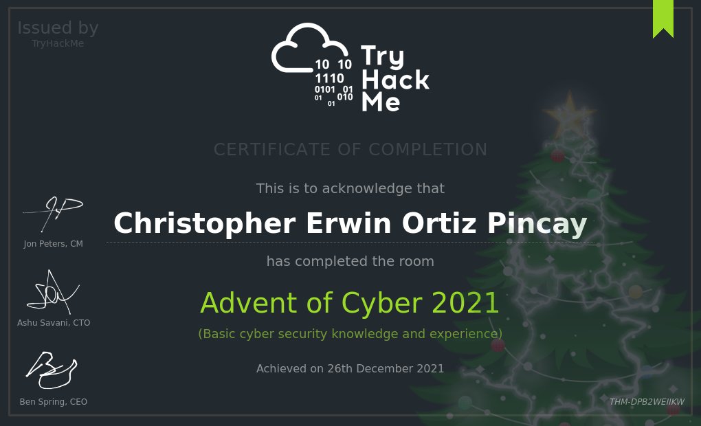 cerwin_ortiz's tweet image. Thanks @RealTryHackMe 😄🎄🎄                                                                           #adventofcyber3  #cybersecurity #tryhackme
