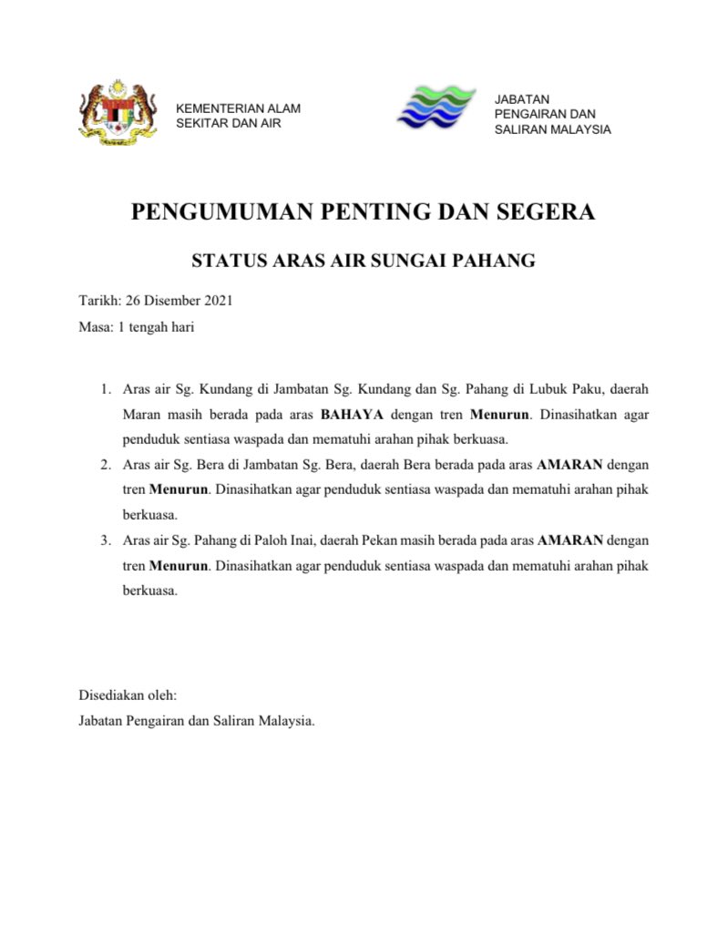 jps_malaysia's tweet photo. PENGUMUMAN PENTING!!!

STATUS ARAS AIR SUNGAI PAHANG 
26 DISEMBER 2021 jam 1.00 tengahari

Orang ramai dinasihat agar sentiasa berwaspada dan mematuhi arahan pihak berkuasa.

#LindungDiriLindungSemua
#KementerianAlamSekitarDanAir
#JpsMalaysia https://t.co/p9u9jLOl6V