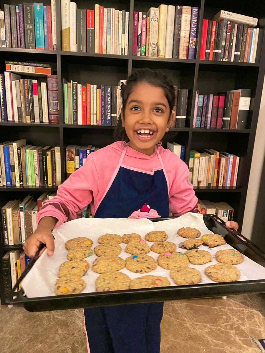 My daughter Anasuyaa after baking her first ever batch of cookies…