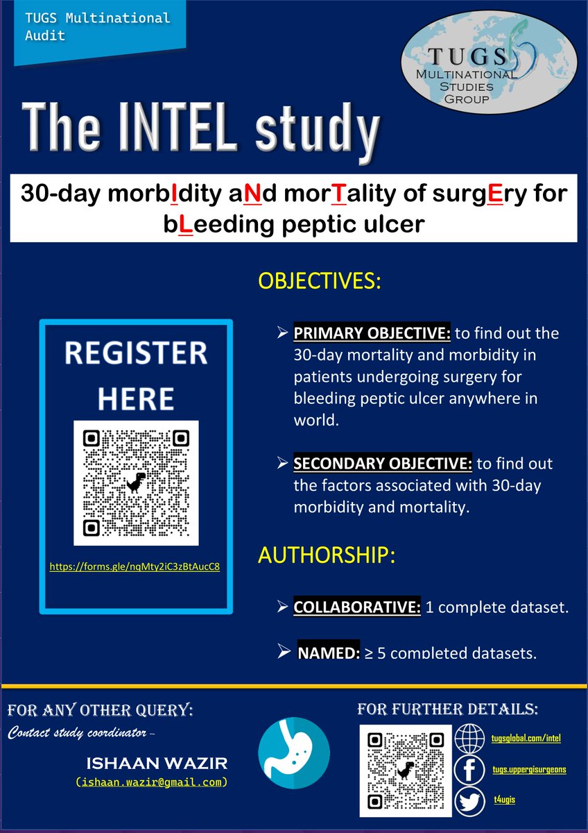 Fancy an opportunity to undertake a MULTINATIONAL AUDIT? The INTEL study is assessing 30 day morbidity and mortality for surgery of bleeding peptic ulcer on a collaborative authorship model. For more details: tugsglobal.com/intel <a href="/T4UGIS/">TUGSS</a> <a href="/tugs_audits/">TUGS Multinational Audits</a>