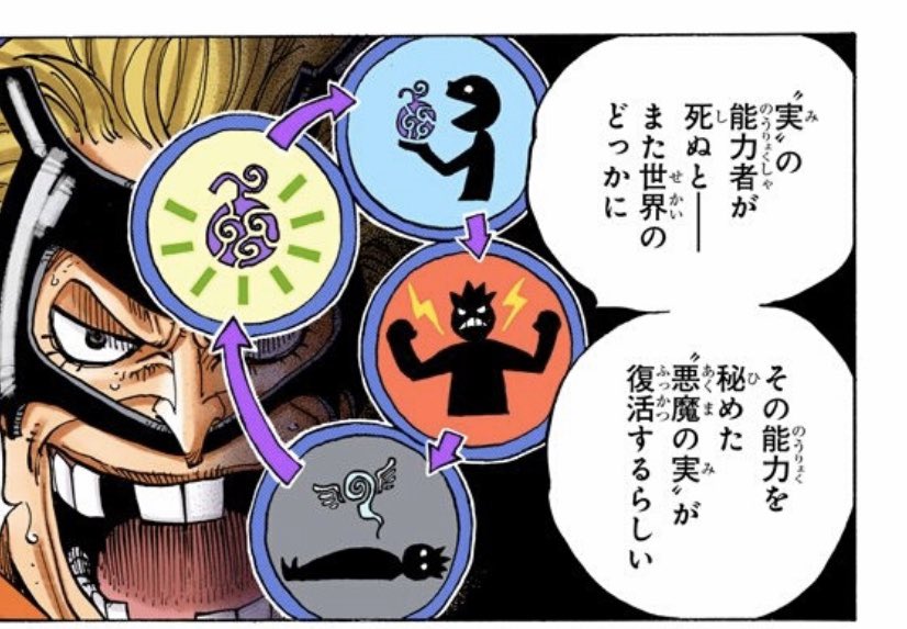 ・能力の核
能力は基本的に悪魔の実か能力者に宿っていますが能力者から悪魔の実に移る際、体から離れ空間を移動する瞬間、何にも宿っていない状態があることになります。作中悪魔の実の説明時に能力の魂のようなものが描かれています。このような能力だけの状態を能力の核と呼んで考察していきます。