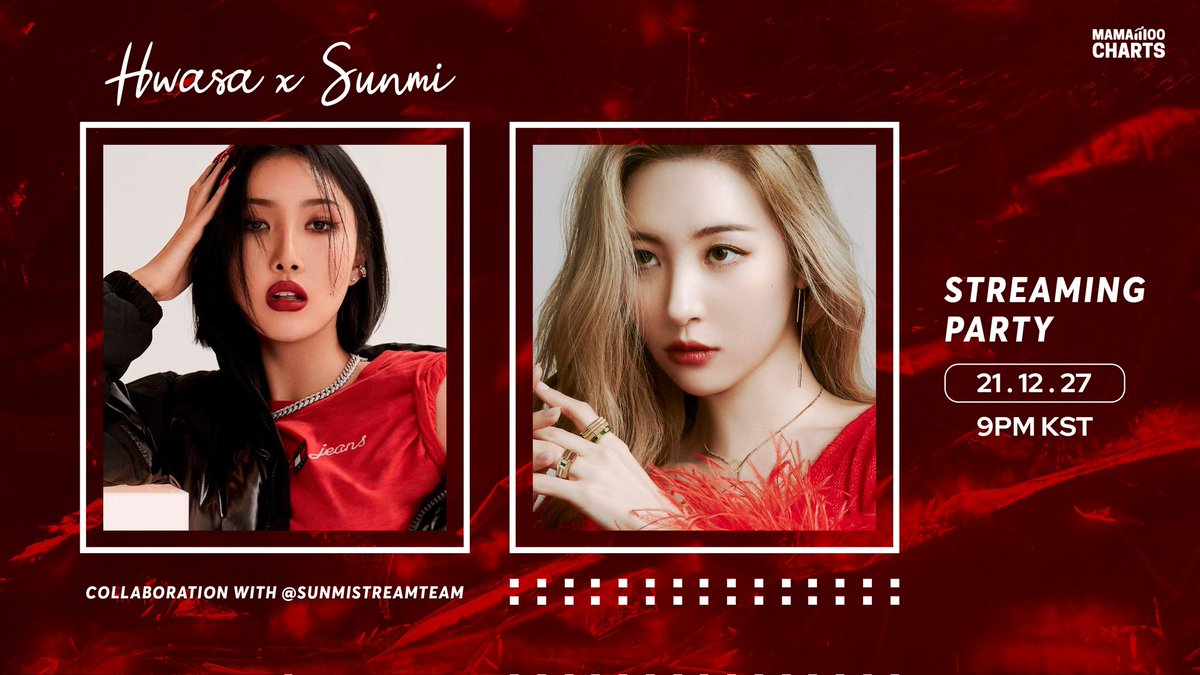 MamamooCharts's tweet photo. 🎵 STREAMING PARTY 🎵

We are teaming up with @SunmiStreamTeam for a #Hwasa x #Sunmi streaming party 🎉

Join us tomorrow December 27th at 9PM KST on @STATIONHEAD 💚

#화사 #선미 @RBW_MAMAMOO @official_sunmi_ https://t.co/2dChqAsrov