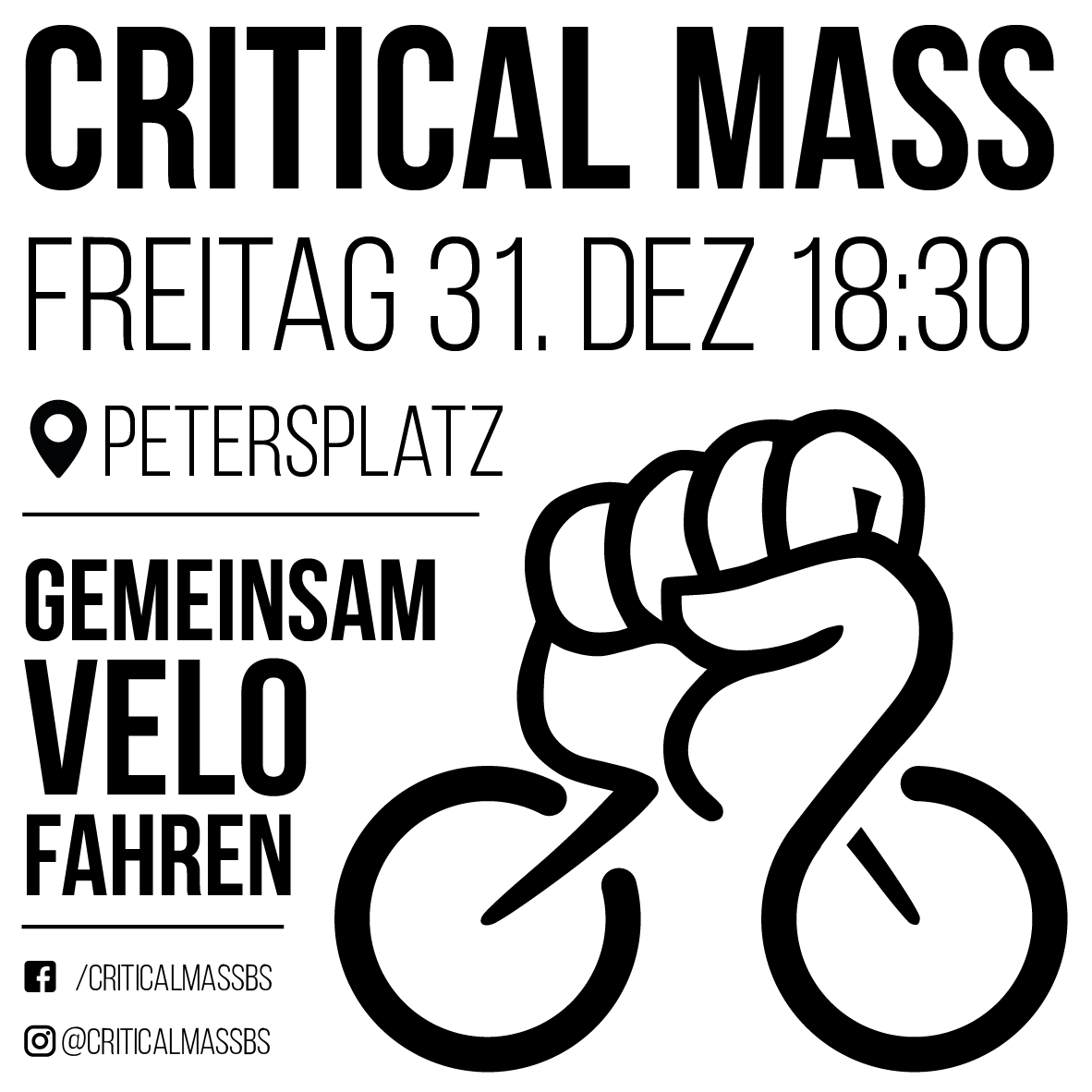 CriticalMassBS's tweet photo. Kommenden Freitag an Silvester – perfekt zum Einstimmen!
#CriticalMassBasel #CMBasel #CMBasel20 #CMCH #criticalmass
#velove #velorution #wirsindderverkehr #wearetraffic #baselautofrei #rideinpeace https://t.co/xg6f5vUn4I