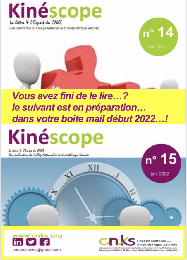 #TeamKinésSalariés KINÉSCOPE, publication unique / l’exercice salarié, 
n’était pas sous le sapin 🤔? 🤫Patience 
Il sera là pour les voeux !🥳

Au sommaire de K15 : KINÉSITHÉRAPIE SALARIÉE &amp; RECHERCHE (suite), 
&amp; MEDICOSOCIAL, 
&amp; CERTIFICATION, 
&amp; VIE ASSOCIATIVE.