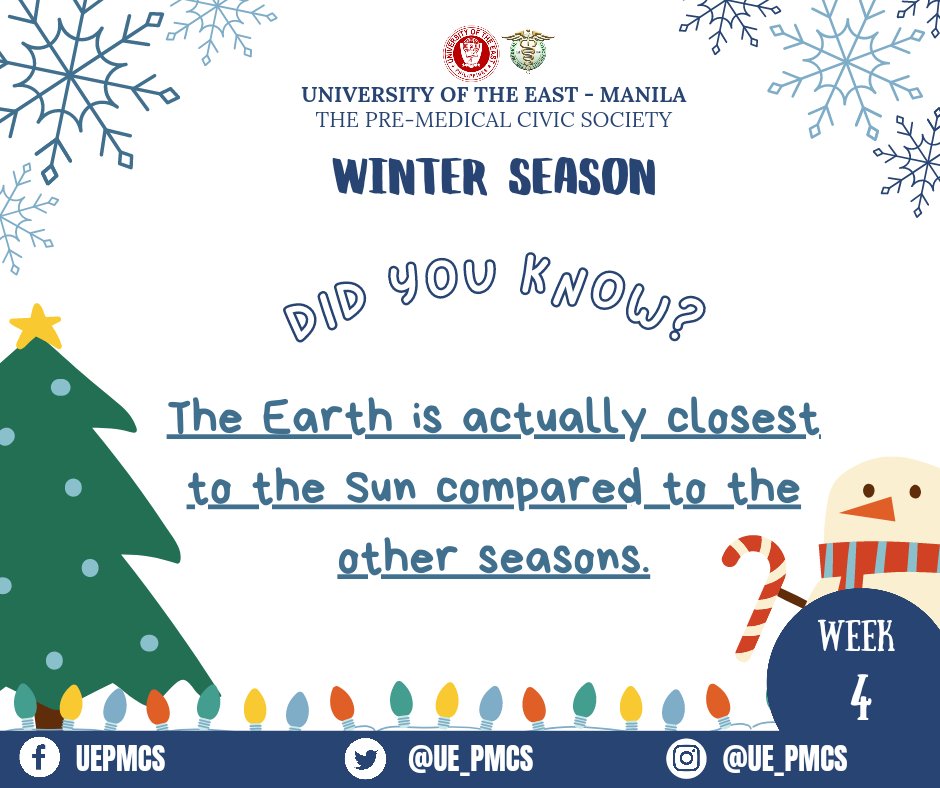 UE_PMCS's tweet photo. Hey Warriors!
Due to the Earth's orbit being in an elliptical shape, the Northern Hemisphere experiences winter when it's closest to the sun and experiences summer when it is farthest.
#UEPMCS
#HirayaHaynayan
#HaynayanSaSilangan https://t.co/JouZgPEpVc
