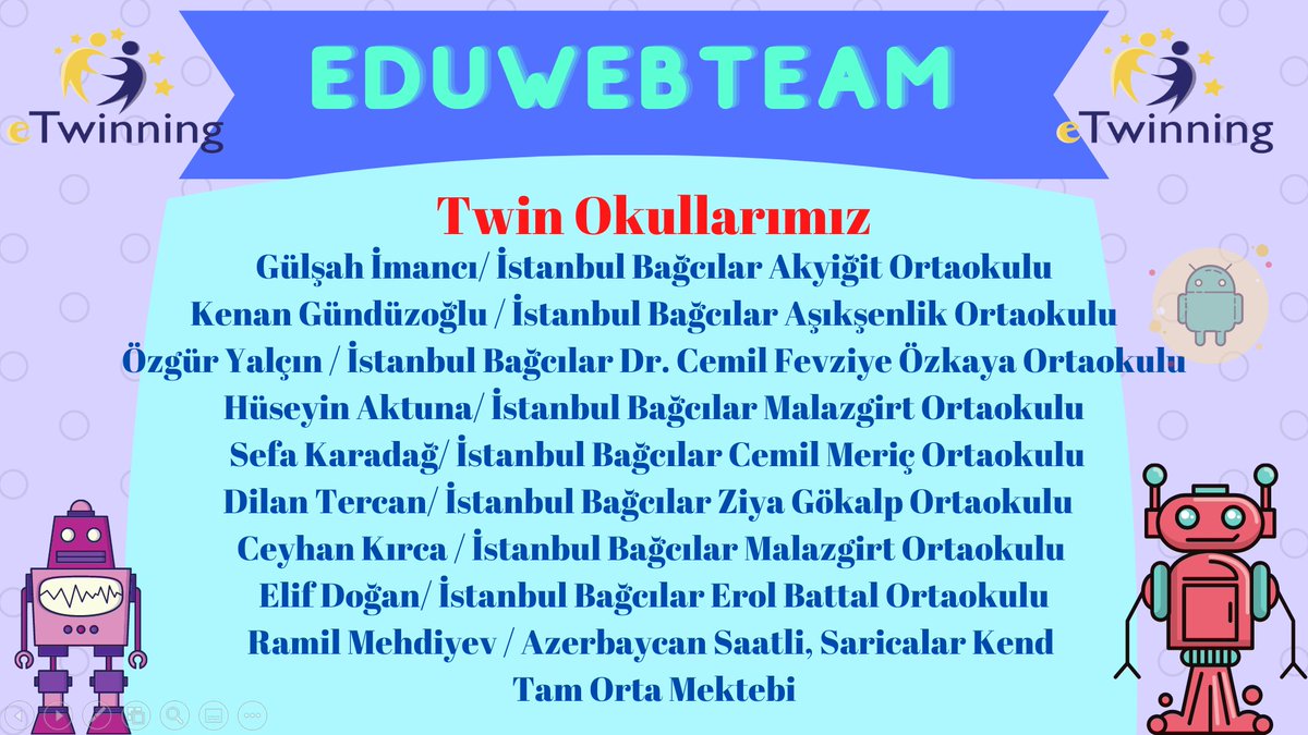 akyigitoo.meb.k12.tr/icerikler/eduw…
21.yy becelerini öğrencilere kazandırmayı amaçlayan ilçemiz okullarının katıldığı ve yurtdışı ortakların bulunduğu etwinning projemiz başlamıştır.🤖😊
<a href="/tretwinning/">eTwinning Türkiye</a>
<a href="/eTwinning_ist/">eTwinning İstanbul</a>
<a href="/ist_arge/">İSTANBUL MEM AR-GE</a>
<a href="/BagcilarMem/">Bağcılar İlçe Milli Eğitim Müdürlüğü</a>
<a href="/19_mstfylmz/">Mustafa YILMAZ</a>
<a href="/muratkucukkayaa/">murat küçükkaya</a>
