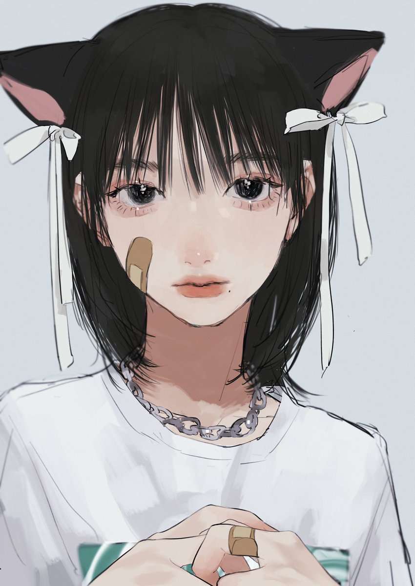 bandaid shorts animal ears shirt cat ears white shirt black hair  illustration images