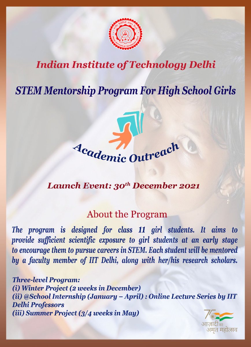 STEM Mentorship Program for #SchoolGirls by #IITDelhi

Launch on December 30, 2021 at 11:00 AM (IST)

Join us LIVE- youtu.be/YjOEs1N5e0A