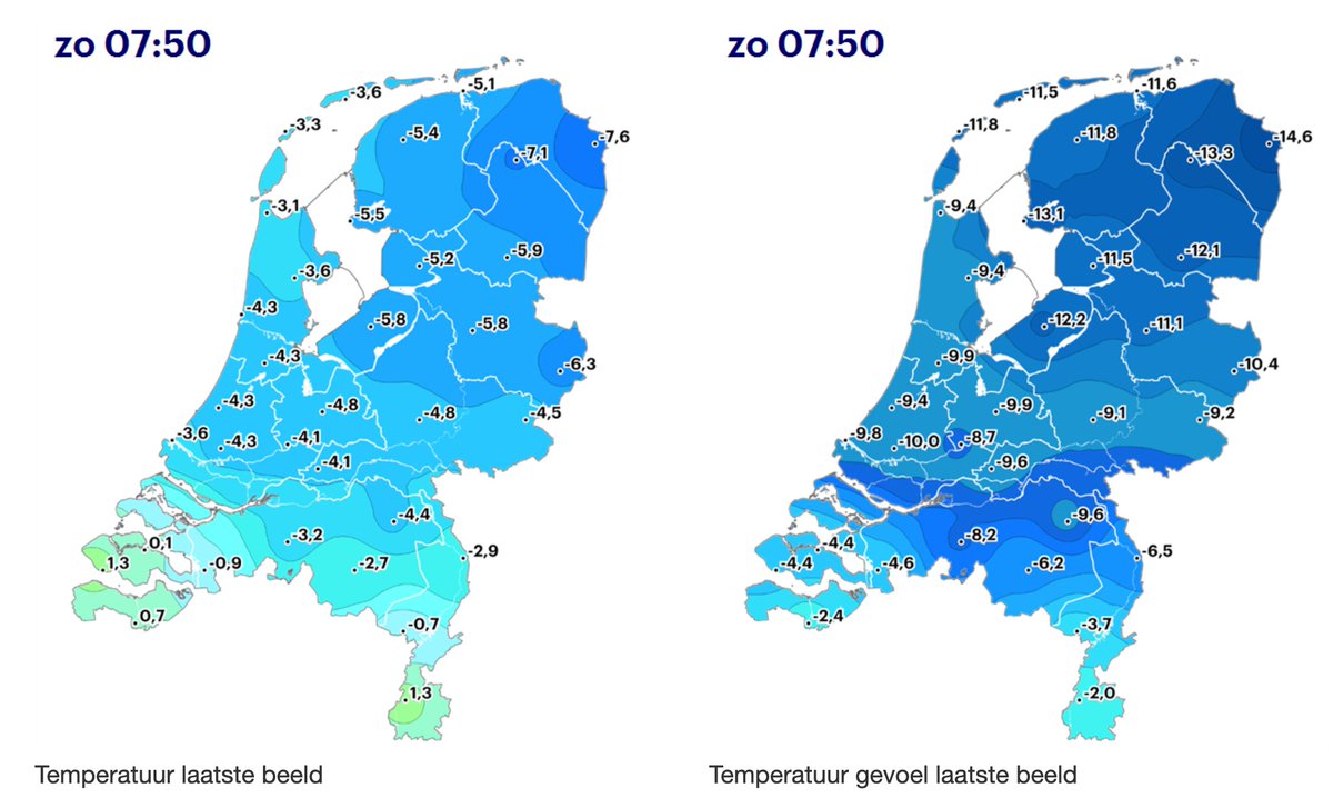 Goedemorgen! Koud hè 🥶 De gevoelstemperatuur op Rotterdam Airport bedroeg om 7.50 uur -10,0 graden 😲 Verder is de neerslag voor vandaag bijna uit alle modellen verdwenen! De kou laat zich vandaag uitermate moeizaam verdrijven.