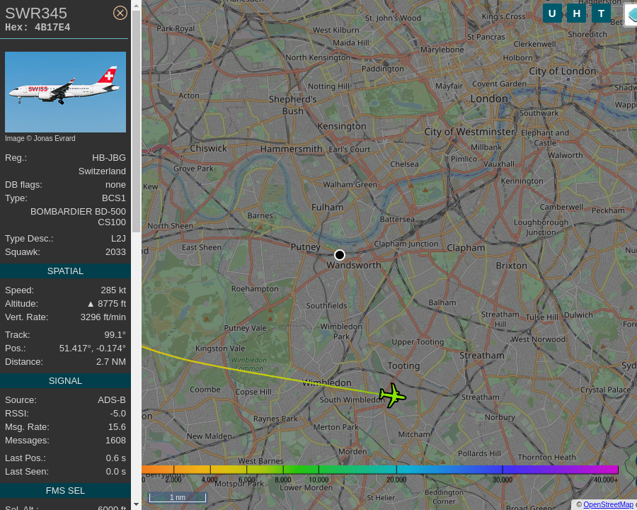 OverPutney's tweet photo. #SWR345 HB-JBG Bombardier C Series 100 Swiss International Air Lines: 2.7 mi away @ 7625 ft and 28.4° frm hrzn, heading E @ 331.5mi/h 07:22:37. #MovingQuickly #OverPutney #Putney #SW15 #ADSB #tar1090 https://t.co/YUNrTA1eNy