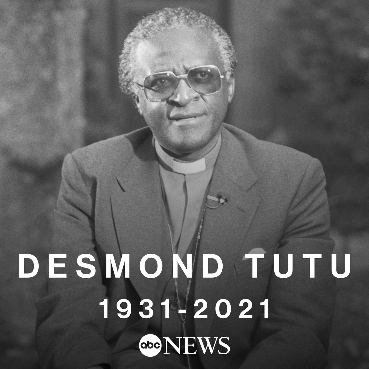 ABC's tweet image. Nobel Peace Prize winner and former Archbishop Desmond Tutu has died at the age of 90, according to an announcement by South Africa’s president. abcn.ws/3prfQqg