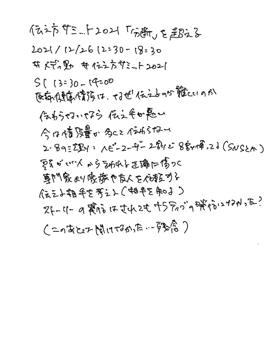 you_h0327's tweet photo. 伝え方サミット2021「分断」を超える　医療健康情報は、なぜ伝えるのが難しいか　#メディ勉　#伝え方サミット2021
途中までしか聞けなかったのが残念過ぎる…少しの期間でもアーカイブ見れるようにならないかなあ https://t.co/9xZhNNXkDk