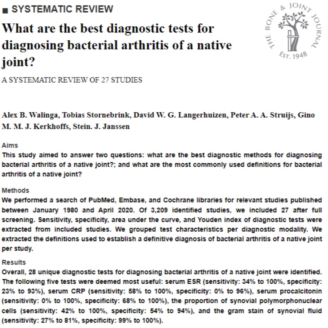 BoneJointJ's tweet photo. Diagnosing bacterial arthritis of a native joint is often challenging due to overlapping of the symptoms with those of reactive arthritis, or inflammatory arthropathies like rheumatoid arthritis or gout.

@KerkhoffsG 

https://t.co/6gwJ4230uk

#orthotwitter #arthritis https://t.co/W6uHPyWf7A