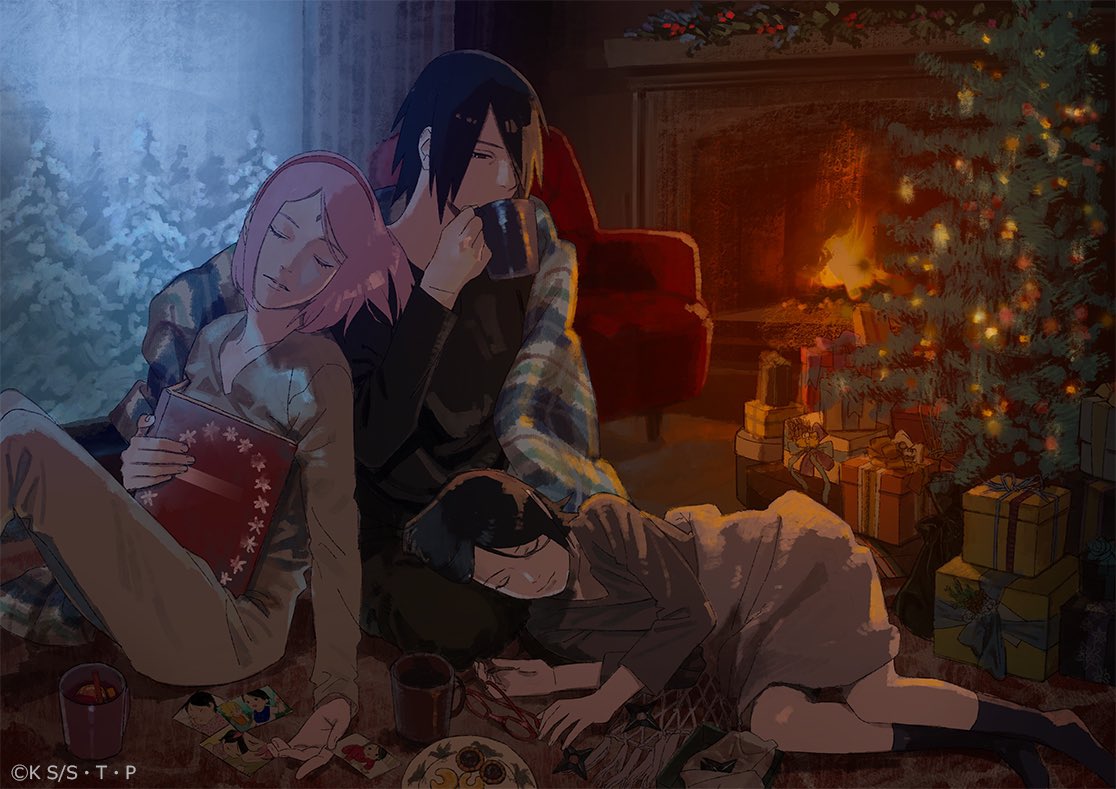 this tweet has aged funny cause just this month we got a manga of sasuke just being completely in love with sakura and then this official art of him calm and happy with his family lol