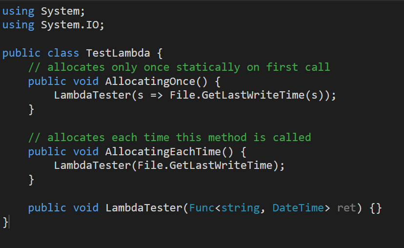 xoofx's tweet photo. I hate implicit allocations👹. For example, a lambda expression vs a method group implicitly converted to a  delegate. The later creates a memory allocation on every call and that's counter intuitive that the former is actually the optimized one.

https://t.co/Mqm3PBysSE https://t.co/G93CGBtYwp