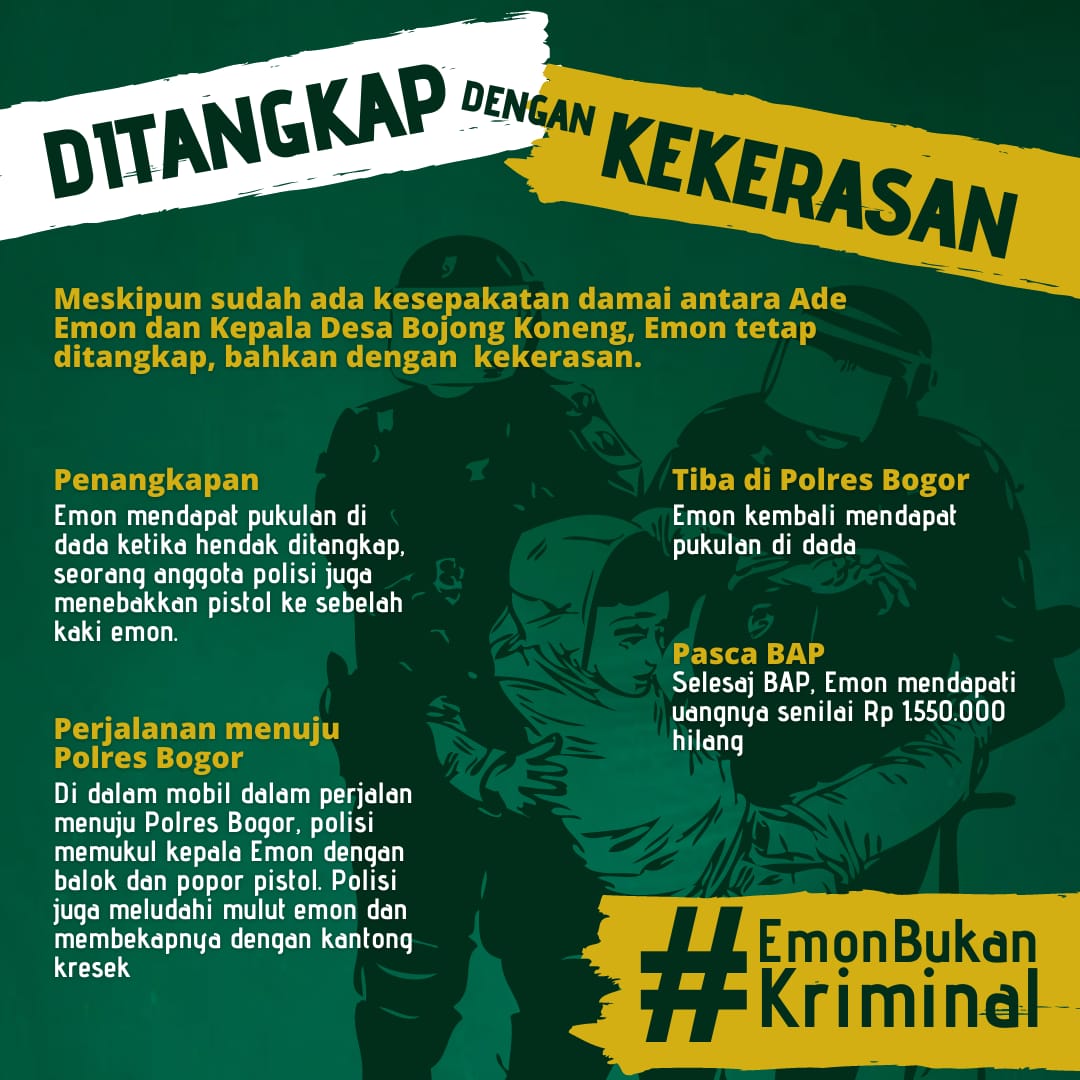 AlghifAqsa's tweet photo. Ade Emon, warga Desa Bojong Koneng yg melawan Sentul City, diproses pidana. 
Ditangkap polisi dan disiksa (dipukul, dibekap dg plastik, mulut diludahi oleh polisi,dll). Setelah di-BAP uang disaku 1,5jt hilang.

#1hari1oknum https://t.co/lPqj1nY0GP