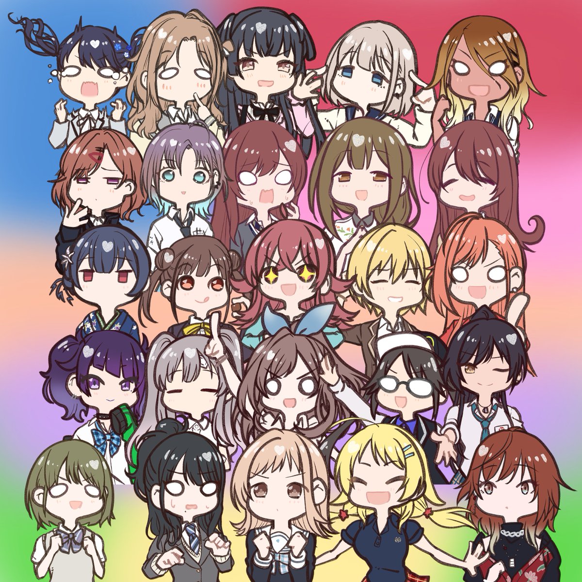 arisugawa natsuha ,asakura toru ,fukumaru koito ,hachimiya meguru ,higuchi madoka ,kazano hiori ,komiya kaho ,kuwayama chiyuki ,mayuzumi fuyuko ,morino rinze ,osaki amana ,osaki tenka ,saijo juri ,sakuragi mano ,serizawa asahi ,shirase sakuya ,sonoda chiyoko ,tanaka mamimi ,tsukioka kogane ,yukoku kiriko multiple girls 6+girls brown hair twintails black hair school uniform blonde hair  illustration images