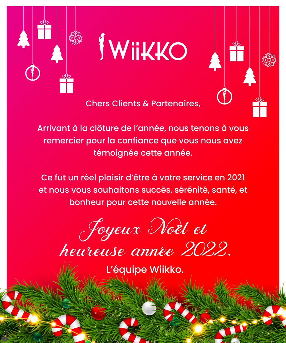Wiikkoltd's tweet photo. Nous sommes honorés d’avoir été à votre service en 2021. Joyeux Noël et heureuse année 2022 à tous.
L’équipe Wiikko. https://t.co/SGkjbU4cyJ