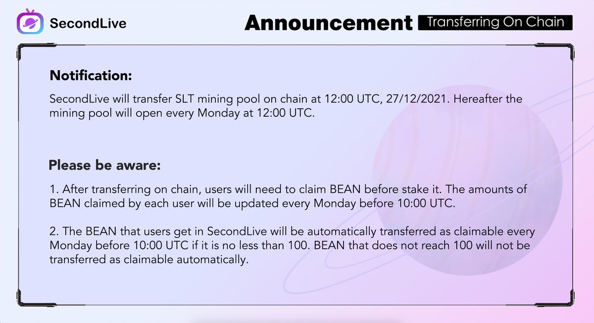 Riidzhsn's tweet photo. Simbol tanda seru merahNotification Simbol tanda seru merah
#SecondLive will transfer $SLT mining pool on chain at 12:00 UTC, 27/12/2021. Hereafter the mining pool will open every Monday at 12:00 UTC.
#PendingOG #Metaverse #SocialFi #BSC https://t.co/SBlEL69zKl