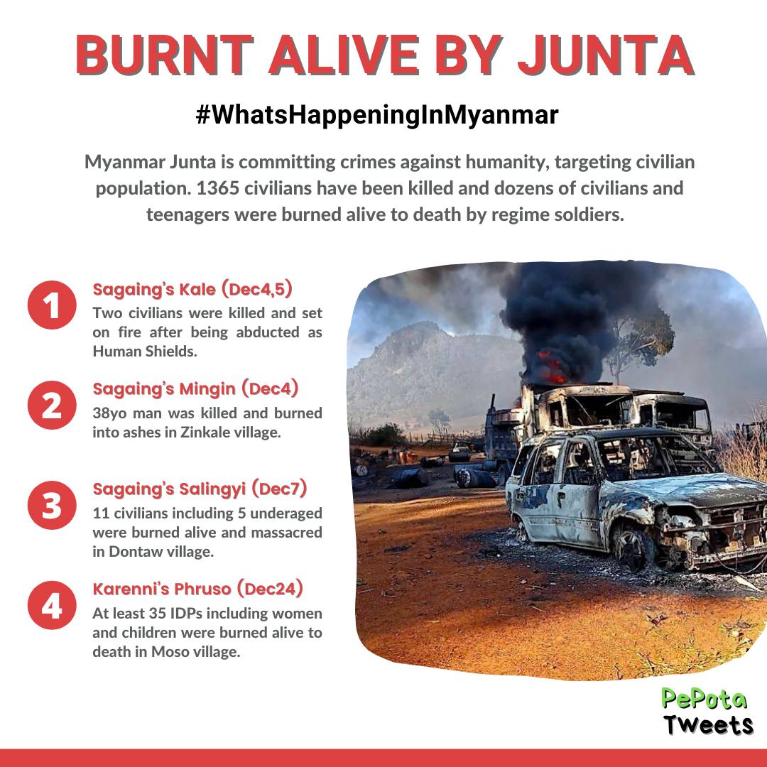 thinzashunleiyi's tweet photo. At least 49 civilians were burnt alive in Dec mostly in #Sagaing #Karenni. The airstrikes daily in #Sagaing &amp; #Karen. 

Sagaing is harshly oppressed in every fronts amid on-going #internetshutdown &amp; the news coverage for #Sagaing is still very weak.

#WhatsHappeningInMyanmar https://t.co/9XQnbmpO1v