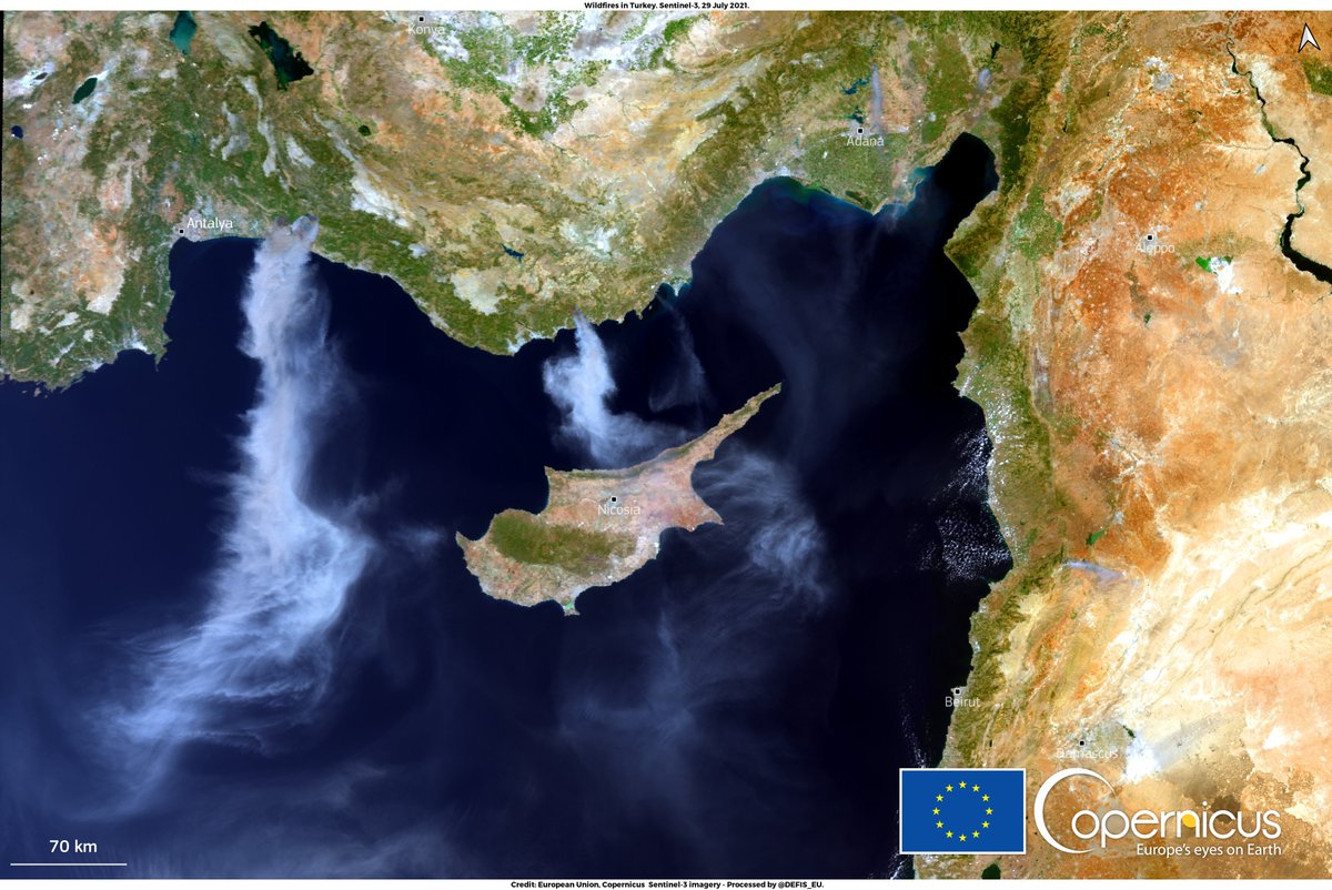 defis_eu's tweet photo. #ImageOfTheYear - July 2021
Intense #wildfires 🔥 affected the Mediterranean Basin
⬇️#Copernicus #Sentinel3 🇪🇺🛰️ image captured on 29 July 2021 showing multiple smoke plumes generated by wildfires in #Turkey https://t.co/wJVDFK4fgp