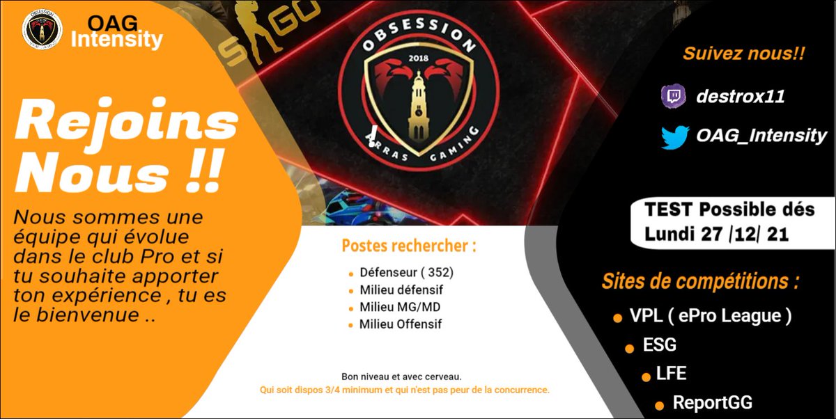 xDeStR011 (@xdestr0) on Twitter photo Hey les gars !!!
Tu en as marre de cirer le banc ou d'être F/A ??
Pourquoi tu tente pas ta chance ? Tu es sur FiFa pour joué non ?
On est la pour te test mon amis ...
RT les amies svp
@UnLBeNI9I <a href="/Mike_Garo64/">BPe Mike Garo</a> @Gatheg_Gamers <a href="/FtGattuso/">RS GattusO</a> <a href="/ADNGueko/">𝓐𝓓𝓝 𝓖𝓾𝓮𝓚𝓸</a> <a href="/ObsessionGaming/">Obsession Arras Gaming</a> <a href="/gaming_esport/">ESPORT GAMING</a> Hey les gars !!!
Tu en as marre de cirer le banc ou d'être F/A ??
Pourquoi tu tente pas ta chance ? Tu es sur FiFa pour joué non ?
On est la pour te test mon amis ...
RT les amies svp
@UnLBeNI9I <a href="/Mike_Garo64/">BPe Mike Garo</a> @Gatheg_Gamers <a href="/FtGattuso/">RS GattusO</a> <a href="/ADNGueko/">𝓐𝓓𝓝 𝓖𝓾𝓮𝓚𝓸</a> <a href="/ObsessionGaming/">Obsession Arras Gaming</a> <a href="/gaming_esport/">ESPORT GAMING</a>
