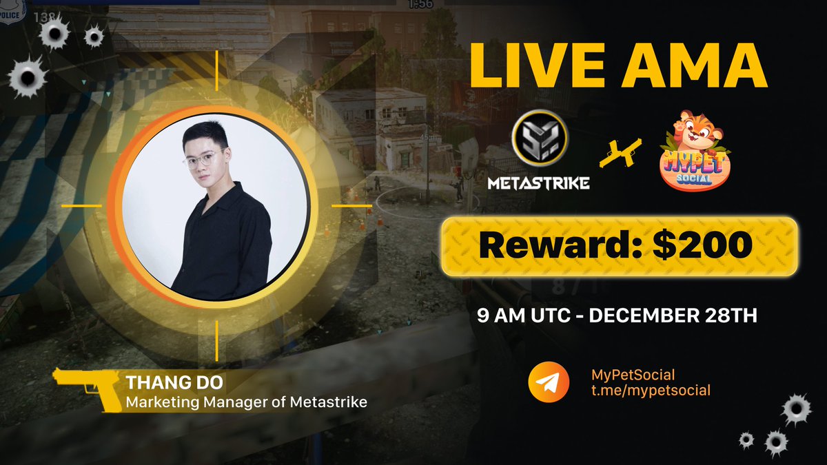 My Pet Social 🐯 (@mypetsocial) on Twitter photo 📣 MyPetSocial AMA series: #Metastrike
1️⃣ Follow <a href="/MetastrikeHQ/">Metastrike</a> & <a href="/mypetsocial/">My Pet Social 🐯</a>
2️⃣ RT & Tag 3
3️⃣ Comment your question
🗓 Time: 9 AM UTC, December 28th
🏞 Location: t.me/mypetsocial
💰 $200 USDT for the best questions! (5 Twitter + 5 Live).
#FPSgaming #NFTs #P2EGame 📣 MyPetSocial AMA series: #Metastrike
1️⃣ Follow <a href="/MetastrikeHQ/">Metastrike</a> & <a href="/mypetsocial/">My Pet Social 🐯</a>
2️⃣ RT & Tag 3
3️⃣ Comment your question
🗓 Time: 9 AM UTC, December 28th
🏞 Location: t.me/mypetsocial
💰 $200 USDT for the best questions! (5 Twitter + 5 Live).
#FPSgaming #NFTs #P2EGame