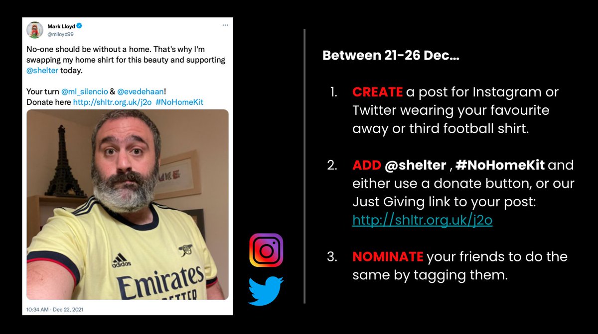 Shelter's tweet image. Want to take part in #NoHomeKit challenge today?

1⃣ Grab your fave away or third kit and take a pic, or video

2⃣ Upload to social media and tag @Shelter and #NoHomeKit, alongside the donate link: shltr.org.uk/j2o

3⃣ Nominate your friends to do the same by tagging them