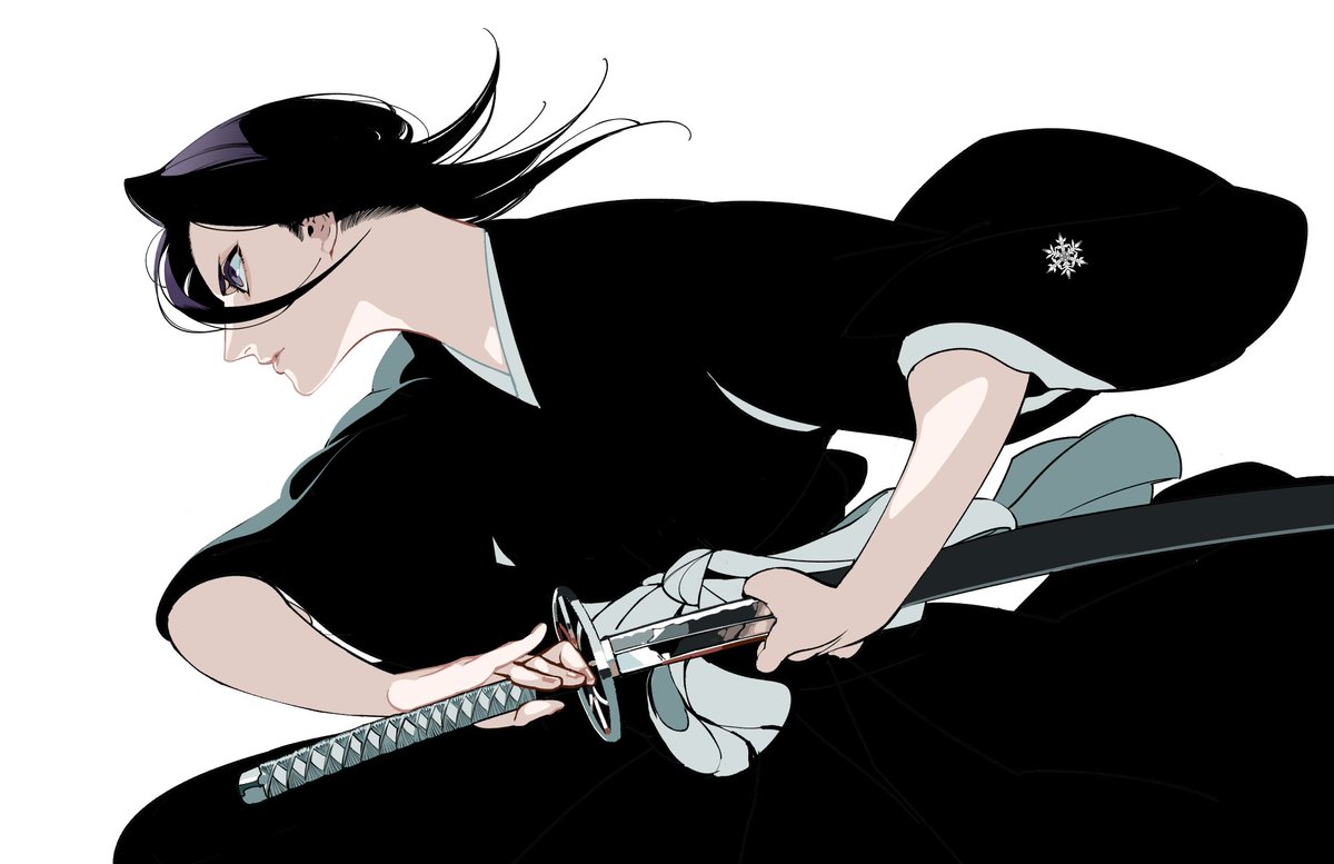 kuchiki rukia 1girl weapon sword japanese clothes solo black hair black kimono  illustration images