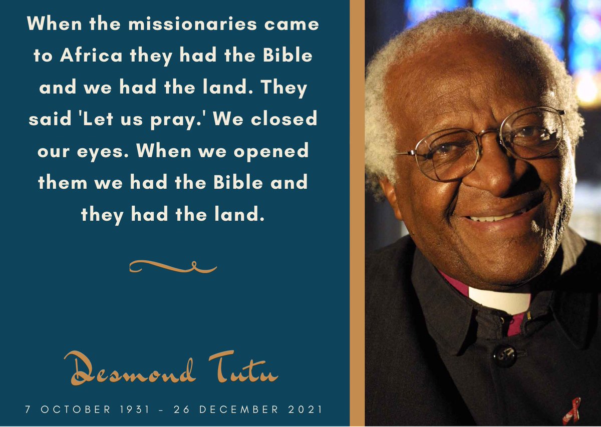 AlisonKriel's tweet photo. I’m so very sad that today Desmond Tutu passed - a giant, freedom fighter, leader of social justice who used his rank and power to fight inhumanity and oppression. He was wise, funny, open hearted, a man of integrity. He lived Ubuntu, loved life and leaves a lasting impact on me. https://t.co/xjzWz9CqDh