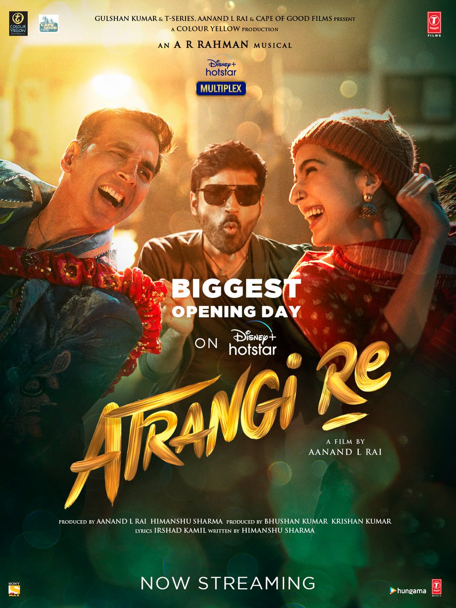 TSeries's tweet photo. Breaking records and uniting ♥️
Thank you for the atrangi love!
https://t.co/P2lWwkIF5k

#AtrangiRe now streaming on #DisneyPlusHotstarMultiplex

@DisneyPlusHS @aanandlrai @akshaykumar @dhanushkraja @SaraAliKhan @arrahman
#BhushanKumar @Irshad_Kamil #HimanshuSharma @cypplofficial https://t.co/a7AfwaC06C