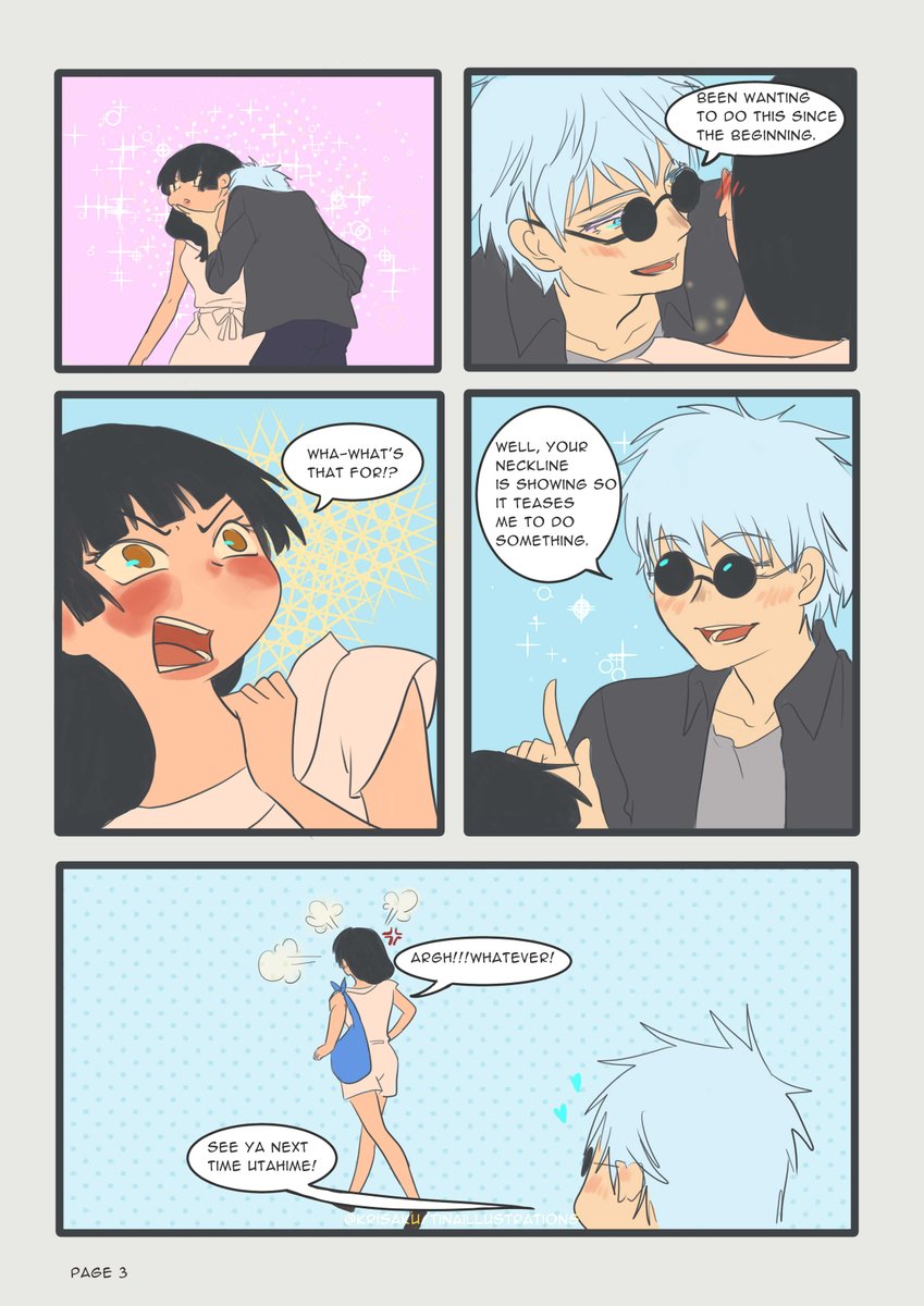 KrisakuH's tweet photo. Sorry for the wait @DaleBala1 for your gift. Here is a #shortcomic of #gojohime .I hoped it my shortcomic matched your prompt which is secret dating and a bite mark that everyone is curious about. Merry Christmas and advance Happy New Year!! ✨✨✨🎄🎄🎇🎇🎉🎁 https://t.co/6CSfsItFDK