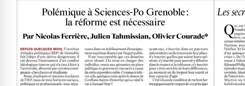 Retrouvez la tribune d’anciens élèves de SciencesPo Grenoble dont mon ami <a href="/JulienTahmiss/">Julien Tahmissian</a> appelant à une réforme nécessaire suite à la polémique <a href="/leJDD/">Le JDD</a> 
 lejdd.fr/Societe/apres-…