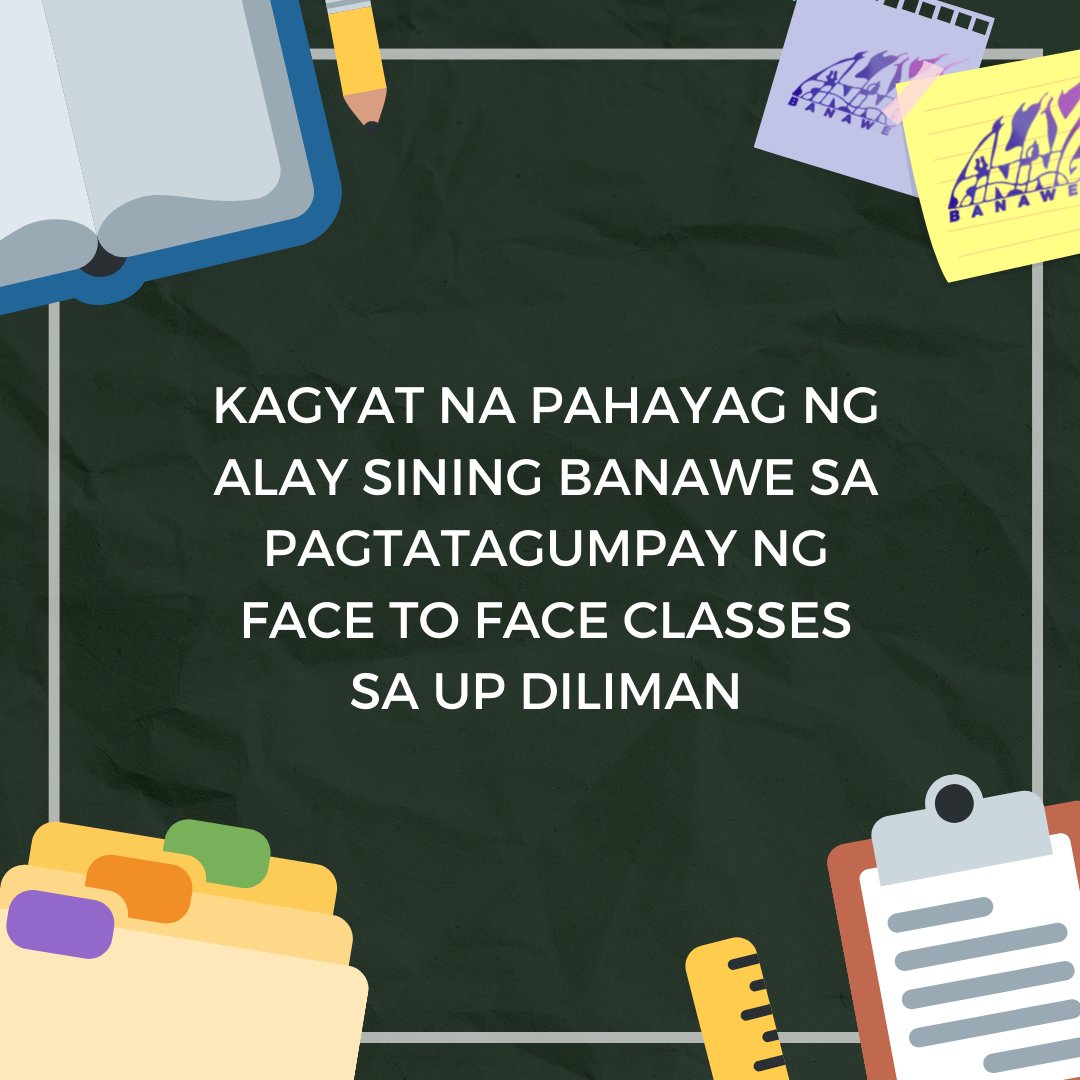 ASGBanawe's tweet photo. BASAHIN: Ang pahayag ng Alay Sining Banawe sa pagtatagumpay ng Face to Face at reopening of classes sa Universidad ng Pilipinas. Hinahamon ng Alay Sining Banawe ang National Government upang palawakin ang edukasyon ukol sa bakuna at magkaroon ng vaccine rollout sa buong bansa. https://t.co/aWeowV60ad
