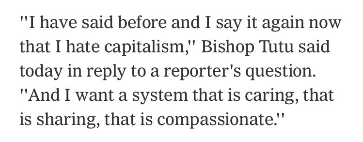 Desmond Tutu consistently condemned capitalism in its entirety – not just apartheid – something that will inevitably be left out of mainstream obituaries.