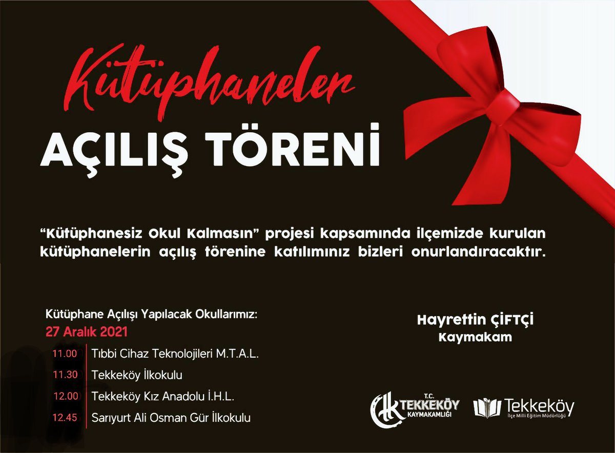 Kütüphane açılışımıza katılımınız bizleri onurlandıracaktır.  <a href="/tcmeb/">Millî Eğitim Bakanlığı</a> <a href="/zulkifdagli/">Doç. Dr. Zülkif Dağlı</a> <a href="/samsunmem/">Samsun İl Milli Eğitim Müdürlüğü</a> <a href="/gokhanmurat1/">Murat YİĞİT</a> <a href="/Ahmetykaya/">Ahmet Yalçinkaya</a> <a href="/TekkekoyVe/">Tekkeköy Sarıyurt Ali Osman Gür İlk/Ortaokulu</a> <a href="/tekkekoymem/">Tekkeköy İlçe Milli Eğitim Müdürlüğü</a> <a href="/MaarifHareket/">MaarifHareketi🇹🇷</a>
