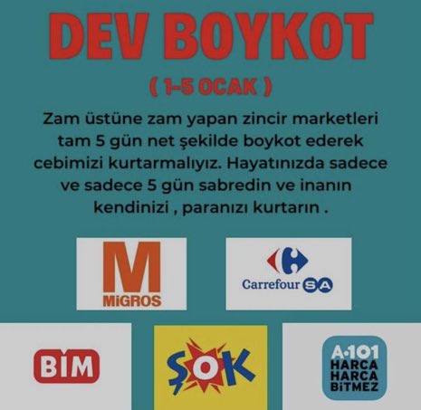 necmikercin's tweet photo. 1-5 Ocak tarihleri arasında zincir marketleri boykotunu destekliyor um. Alışverişi mahalle bakkalından yapacağım. #BOYKOT #DeVBOYKOT https://t.co/VpWyd130st