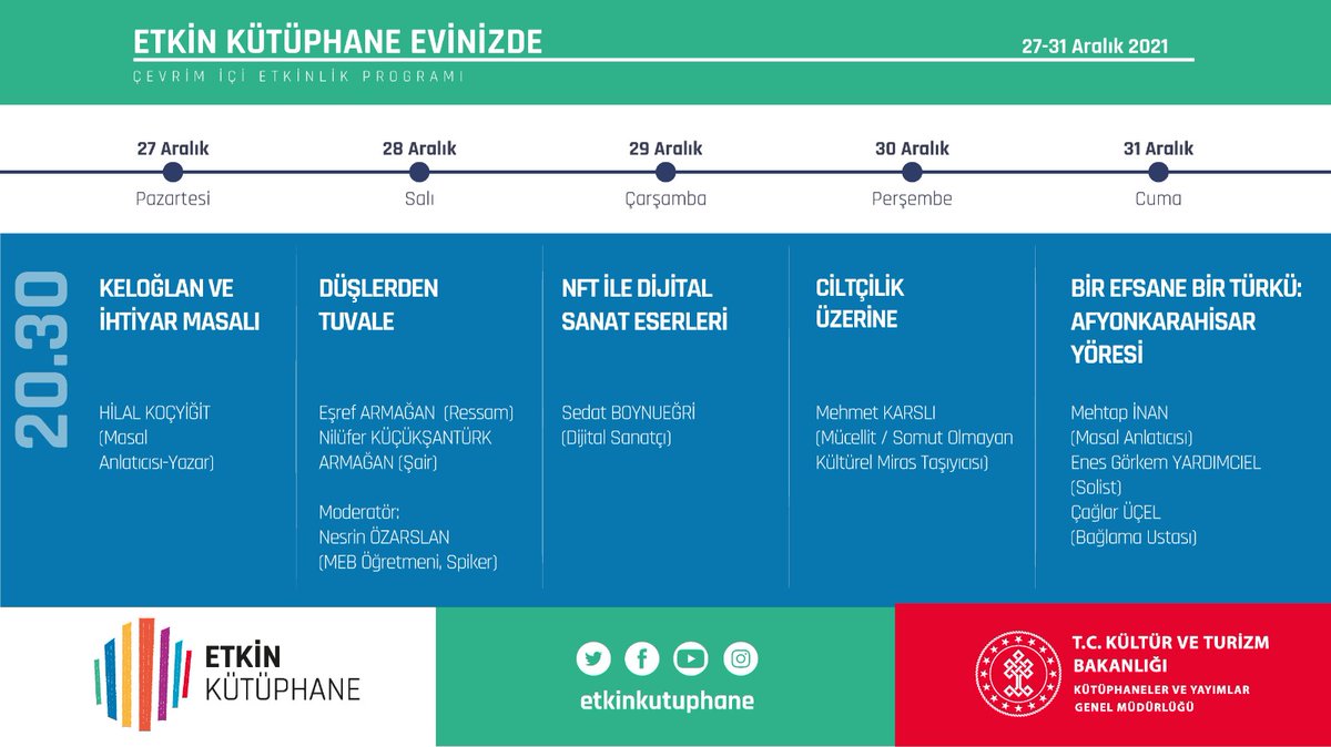 “Etkin Kütüphane Evinizde” uygulamamızın bu hafta sizinle buluşacak olan programları...

<a href="/etkinkutuphane/">Etkin Kütüphane</a> 
<a href="/KTBKYGM/">KYGM</a>