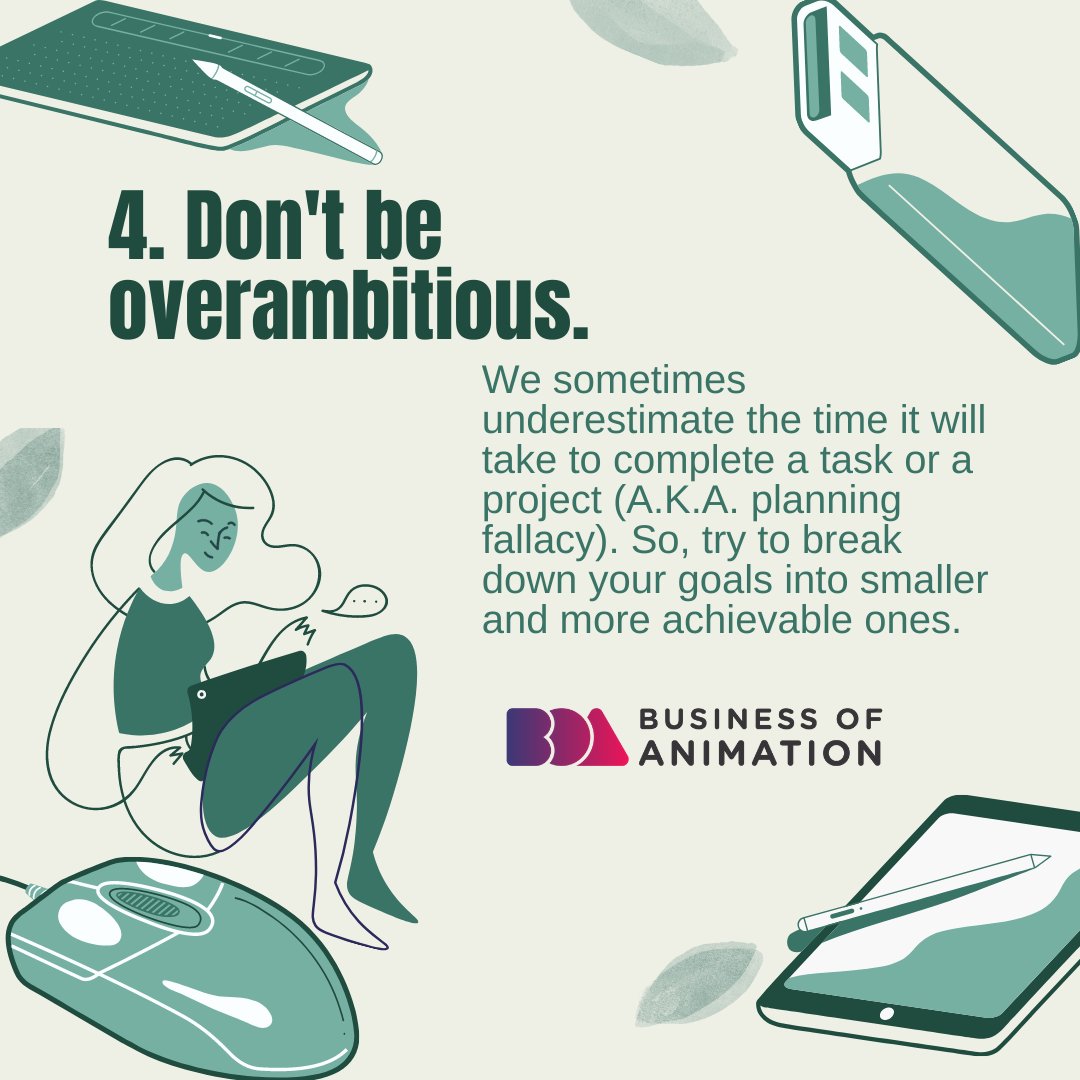 animationbiz's tweet photo. Here are 7 ways animators can do to stay accountable to their goals:
1. Commit to your schedule.
2. Find an accountability partner.
3. Set S.M.A.R.T. goals with them.
4. Don't be overambitious.
5. Incentivise or penalize yourself.
#AnimatorsTraining #AnimatorsWorkshop https://t.co/OO5EUaeV2t