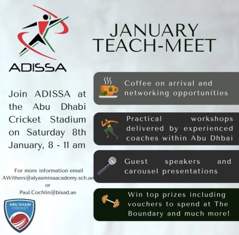 Reminder to all Abu Dhabi based PE teachers in preparation for the start of term 2. 

Personally looking forward to collaborating with fellow like-minded PE teachers.