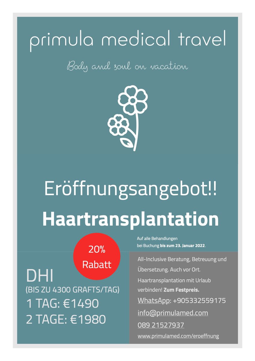 PrimulaMed's tweet photo. Primula Medical Travel ist online und wir feiern unsere Eröffnung mit einem Rabatt von 20% auf alle Behandlungen inkl. #DHI #Haartransplantation und alle #Zahnimplantate bei Buchung bis zum 23. Januar. https://t.co/k6ZpZpoV5d https://t.co/ytFQEQM8x8